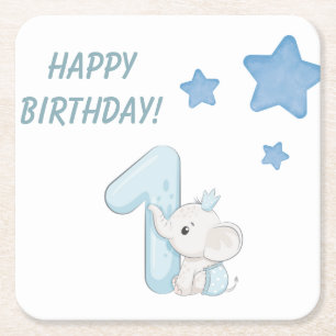 ベビー1st誕生日かわいいブルーベビーゾウ&スターズ スクエアペーパーコースター