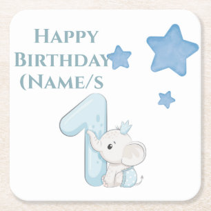 ベビー1st誕生日かわいいブルーベビーゾウ&スターズ スクエアペーパーコースター