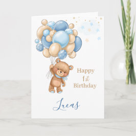 ベビー1th誕生日テディベアブルーバルーン カード