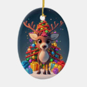 ベビー3Dマンガのトナカイとライトクリスマスツリー セラミックオーナメント (正面)