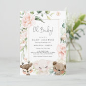 ベビー アニマル ブラッシュ フラワーズ ベビー ガール ピンク シャワーのお祝い 招待状 (スタンド正面)