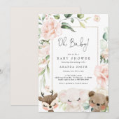 ベビー アニマル ブラッシュ フラワーズ ベビー ガール ピンク シャワーのお祝い 招待状 (正面/裏面)