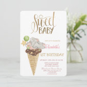 ベビー エレファント アイスクリーム ストライプ バースデー 招待状 (スタンド正面)