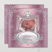 ベビー《キリスト教》洗礼式や命名式バプティスガールピンクシルバークロス 案内状 (正面/裏面)