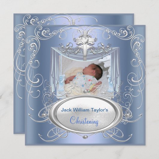 ベビー《キリスト教》洗礼式や命名式バプティスボーイブルーシルバークロス 案内状 (正面/裏面)