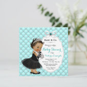 ベビー&コティール（緑がかった色）ブルーエスニックベビーガールシャワー 招待状 (スタンド正面)