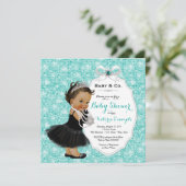 ベビー&コブラックティール(緑がかった色)ブルーエスニックベビーガールシャワー 招待状 (スタンド正面)