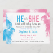 ベビー·ジェンダーが煙爆弾を青とピンクのパーティー 招待状 (正面/裏面)