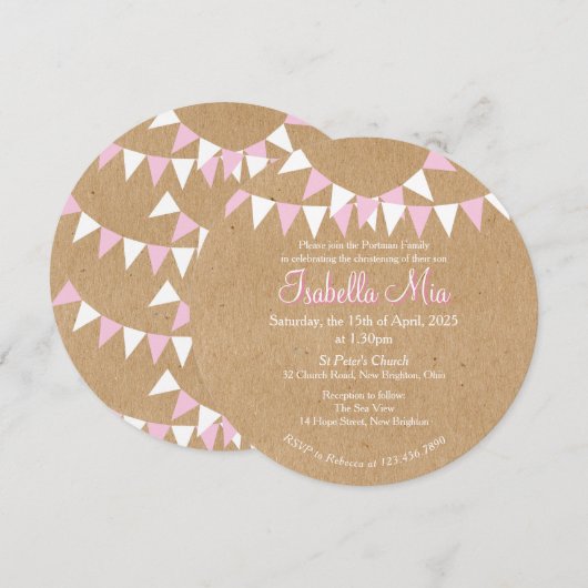 ベビー バンティング ピンク 洗礼 誕生招待状 招待状 (正面/裏面)
