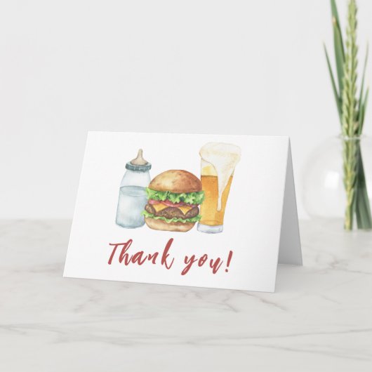 ベビー、バーガー、ビール赤ちゃんシャワーありがとう サンキューカード (正面)