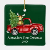 ベビー ファースト クリスマス 赤いトラック ムース 緑 セラミックオーナメント (裏面)