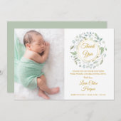 ベビー フォト ゴールド サンクス グリーン フラワーズ 誕生 案内状 (正面/裏面)