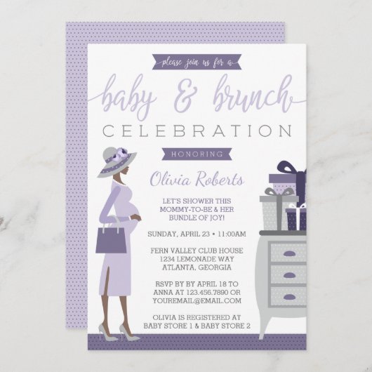 ベビー&ブルーチベビーシャワー招待状パープル、グレー 招待状 (正面/裏面)
