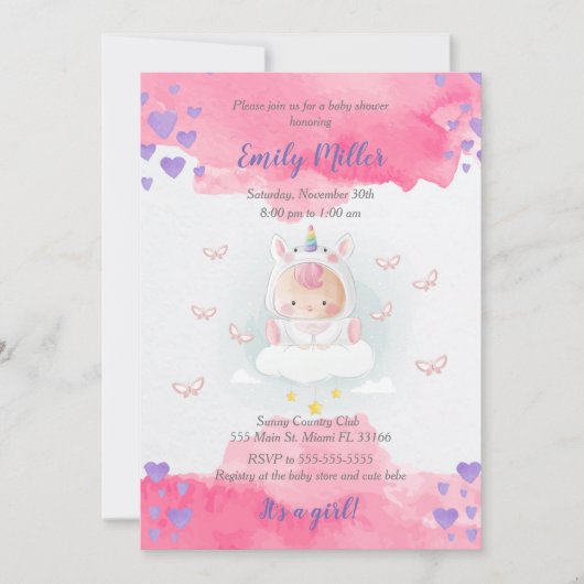 ベビー·ユニコーン·ガール·シャワー·インビテーション·ウォーターカラー 招待状 (正面)