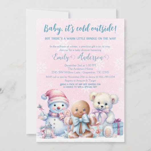 ベビー、冬のベビーガールシャワー外は寒い 招待状 (正面)
