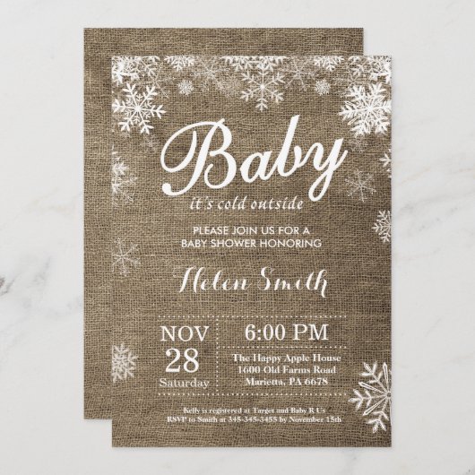 ベビー、冬のベビーシャワーの外で寒い 招待状 (正面/裏面)