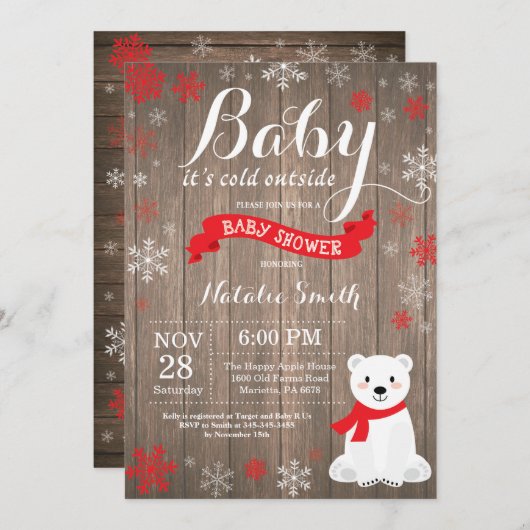 ベビー、冬のベビー素朴シャワーの外で寒い 招待状 (正面/裏面)