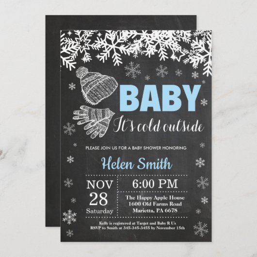 ベビー、冬の男の子のベビーシャワーの外で寒い 招待状 (正面/裏面)
