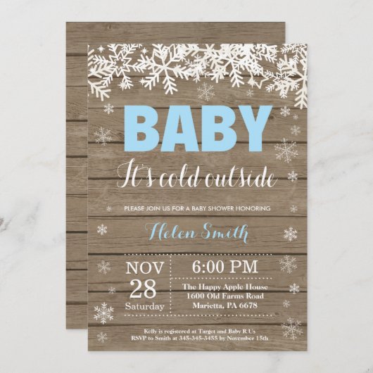 ベビー、冬の男の子のベビーシャワーの外で寒い 招待状 (正面/裏面)