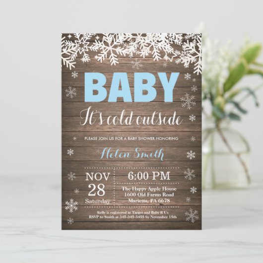 ベビー、冬の男の子のベビーシャワーの外で寒い 招待状 (スタンド正面)