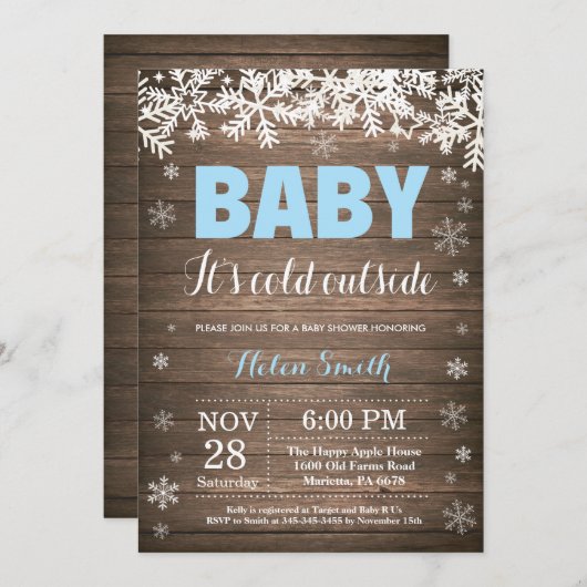 ベビー、冬の男の子のベビーシャワーの外で寒い 招待状 (正面/裏面)