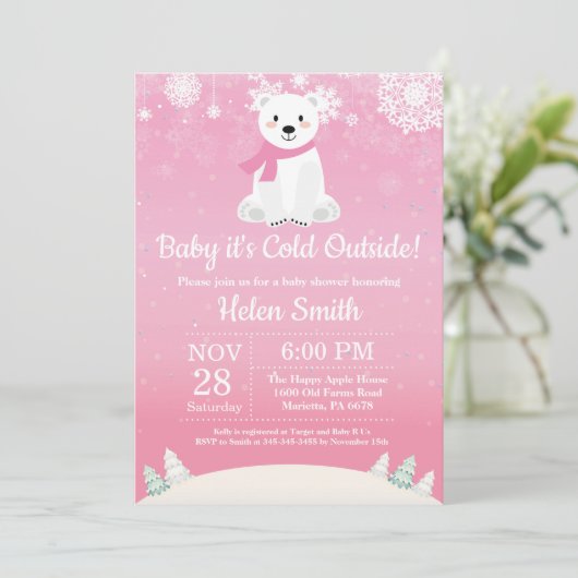 ベビー/外の寒さ/寒さ/寒さ/外の寒さ/白熊女の子/ベビーシャワー 招待状 (スタンド正面)