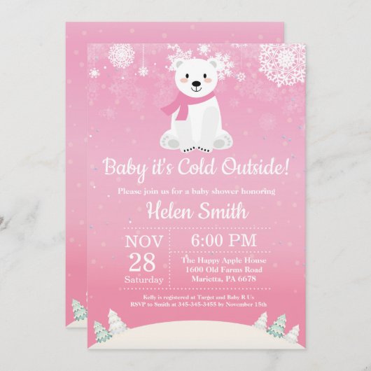 ベビー/外の寒さ/寒さ/寒さ/外の寒さ/白熊女の子/ベビーシャワー 招待状 (正面/裏面)