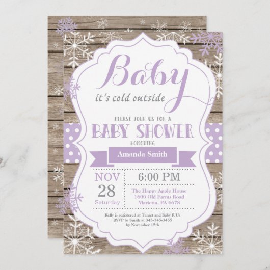 ベビー/外は寒い冬のベビーガールシャワー 招待状 (正面/裏面)