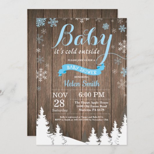 ベビー、外は寒い冬のベビ素朴ーシャワー 招待状 (正面/裏面)