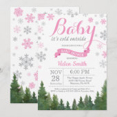 ベビー、外は寒い冬ピンクの女の子のベビーシャワー 招待状 (正面/裏面)