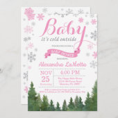 ベビー、外は寒い冬ピンクの女の子のベビーシャワー 招待状 (正面/裏面)