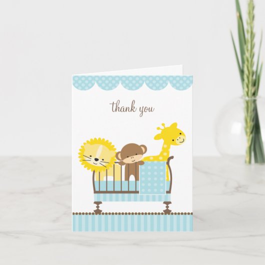 ベビー（青）のノートカードに入ったジャングルの動物 サンキューカード (正面)