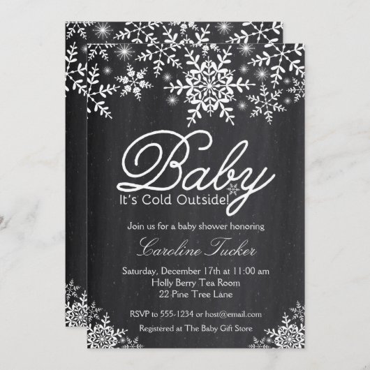 ベビー，黒板のベビーシャワーの外は寒い 招待状 (正面/裏面)