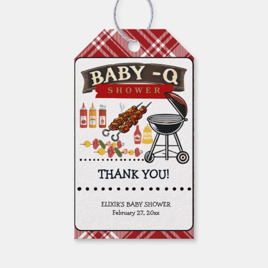 ベビー-Q赤市松模様にと黒グリル赤ちゃんシャワー ギフトタグ (正面)