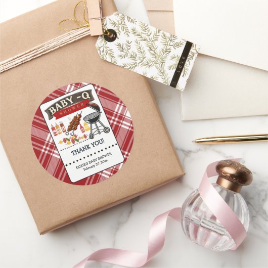 ベビー-Q赤市松模様にと黒グリル赤ちゃんシャワー ラウンドシール (ギフト)