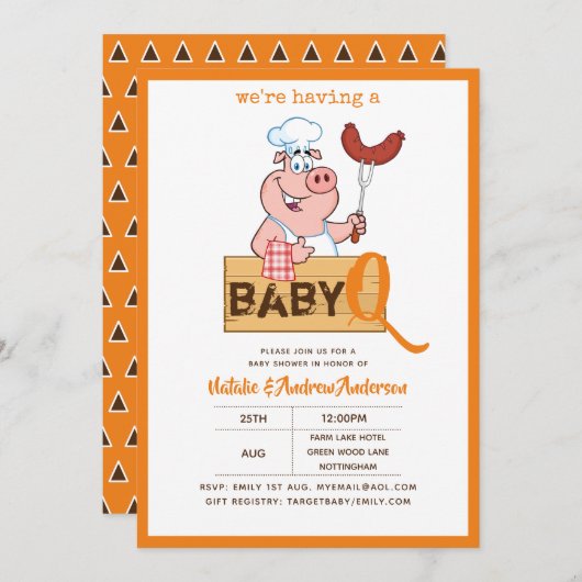 ベビー-Q BBQかわいい豚シェフボーイモダンガール 招待状 (正面/裏面)