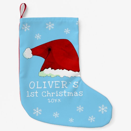 ベビー`s初めてのクリスマスサンタハットスノーフレークブルー スモールクリスマスストッキング (正面)