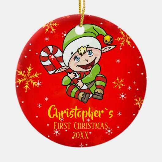 ベビー`s初めてのクリスマス小妖精や小人キャンディーサトウキビレッド セラミックオーナメント (正面)