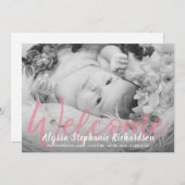 ベビーB&Wピンク写真ウェルカム誕生のお知らせ 招待状 (正面/裏面)