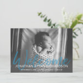 ベビーB&W青い写真ウェルカム誕生のお知らせ 招待状 (スタンド正面)