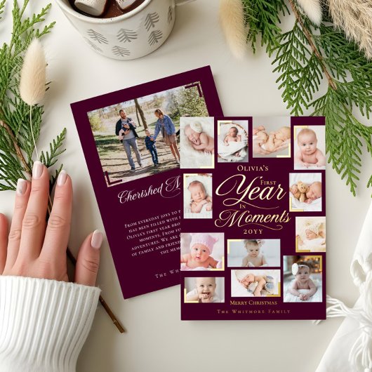 ベビーFirst Year in Moments写真ミニマルコラージュ 箔シーズンカード