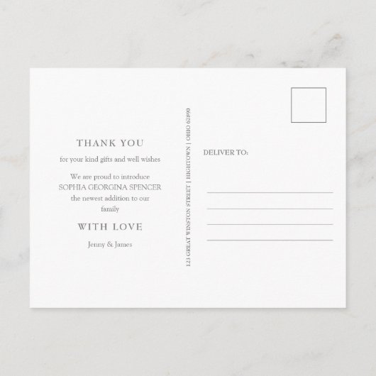 ベビーGirI誕生統計モノグラム写真ありがとう ポストカード (裏面)