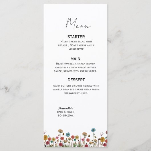 ベビーin開花野生の花の赤ちゃんシャワーメニュー メニュー (正面)