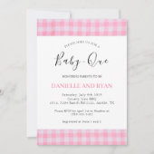 ベビーQベビーシャワーバーベキュー市松模様にガールピンク 招待状 (正面)