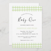 ベビーQベビーシャワーバーベキュー市松模様にグリーンブルー 招待状 (正面/裏面)