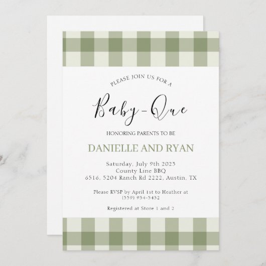 ベビーQベビーシャワーバーベキュー市松模様にセージグリーン 招待状 (正面/裏面)