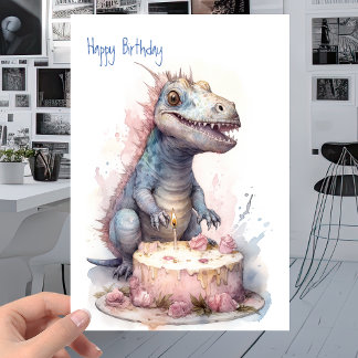ベビーTレックス恐竜とケーキ – 子供の誕生日 カード