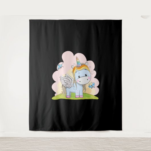 ベビーUnicorn蝶の背景水色 タペストリー (正面)