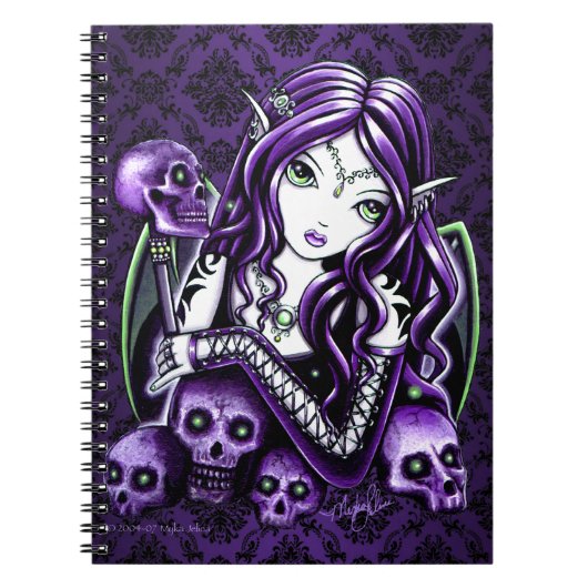 ベラドンナのゴシック様式紫色のスカルの妖精のノート ノートブック (正面)