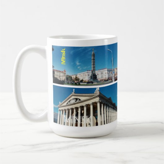 ベラルーシ・ミンスク建築都市景観コラージュ コーヒーマグカップ (左)